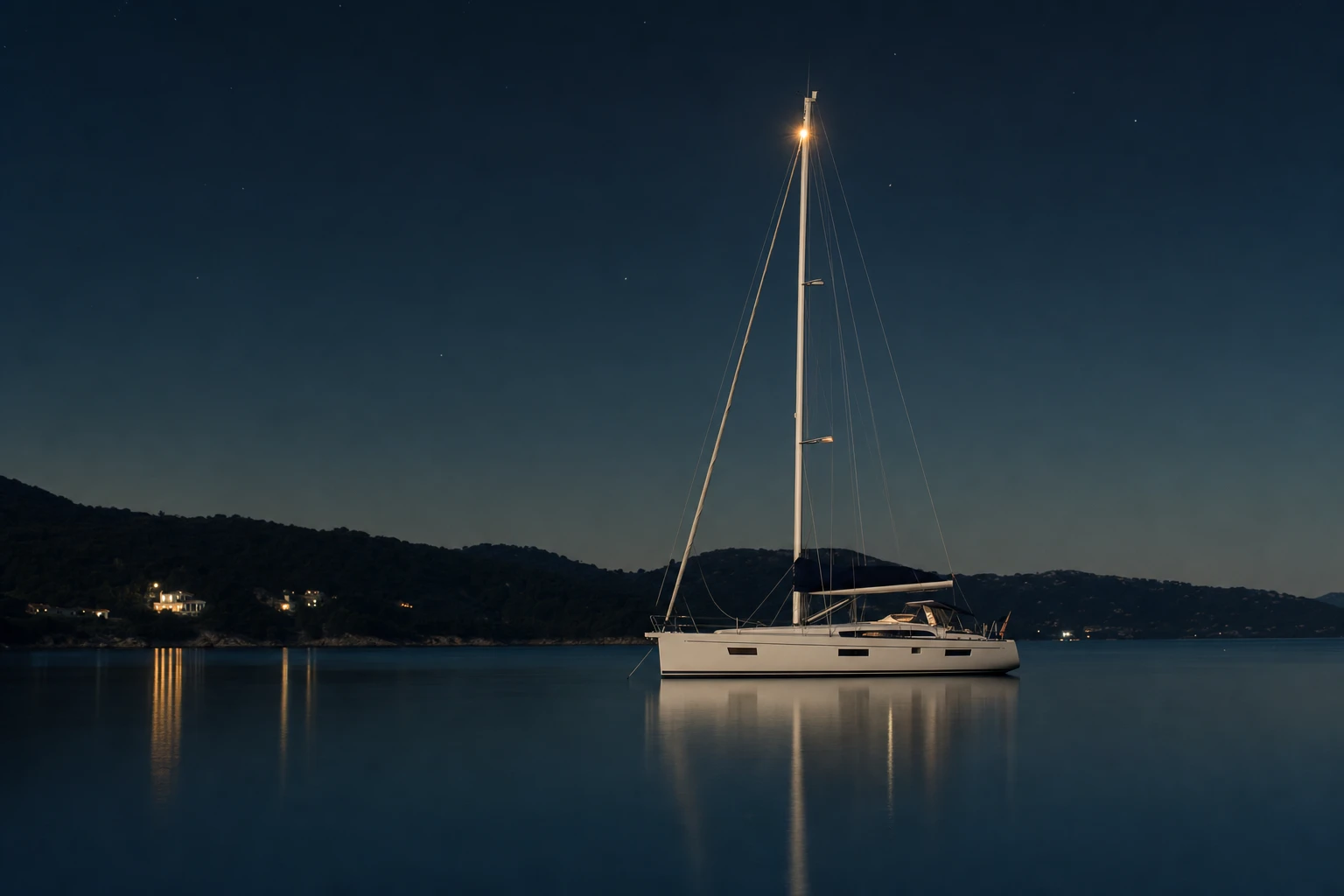 Sailing yacht resting in a calm anchorage at night