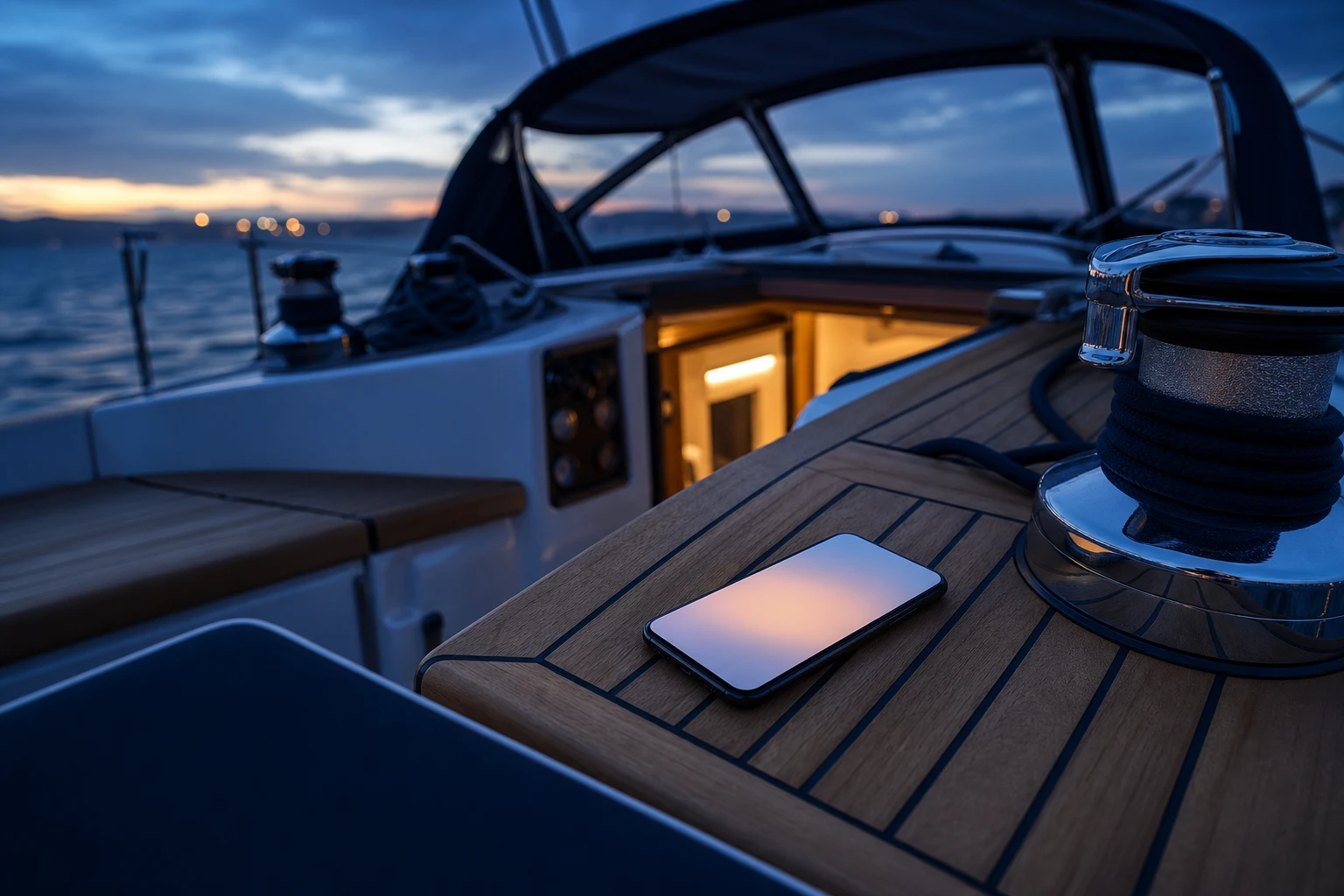 Phone resting in a sailing yacht cockpit at dusk