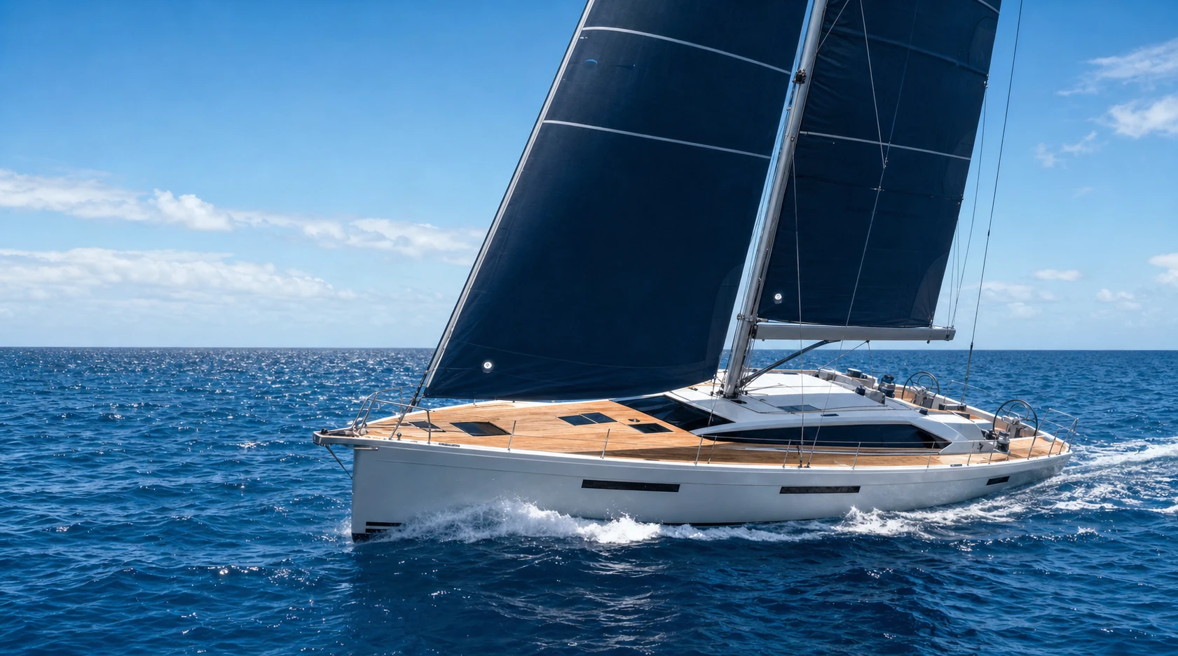 Modern white yacht sailing through sparkling blue water under full dark navy sails