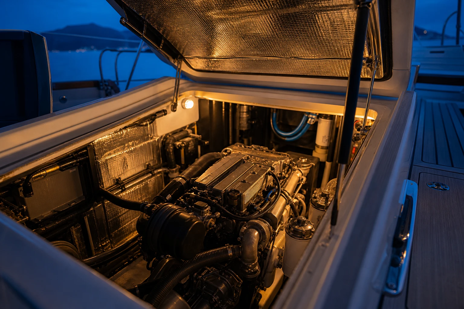 Clean yacht engine compartment under a work light