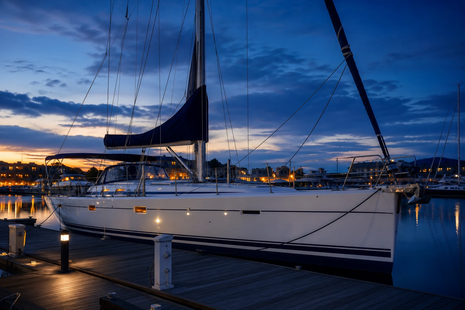 White sailing yacht moored at a marina at dusk