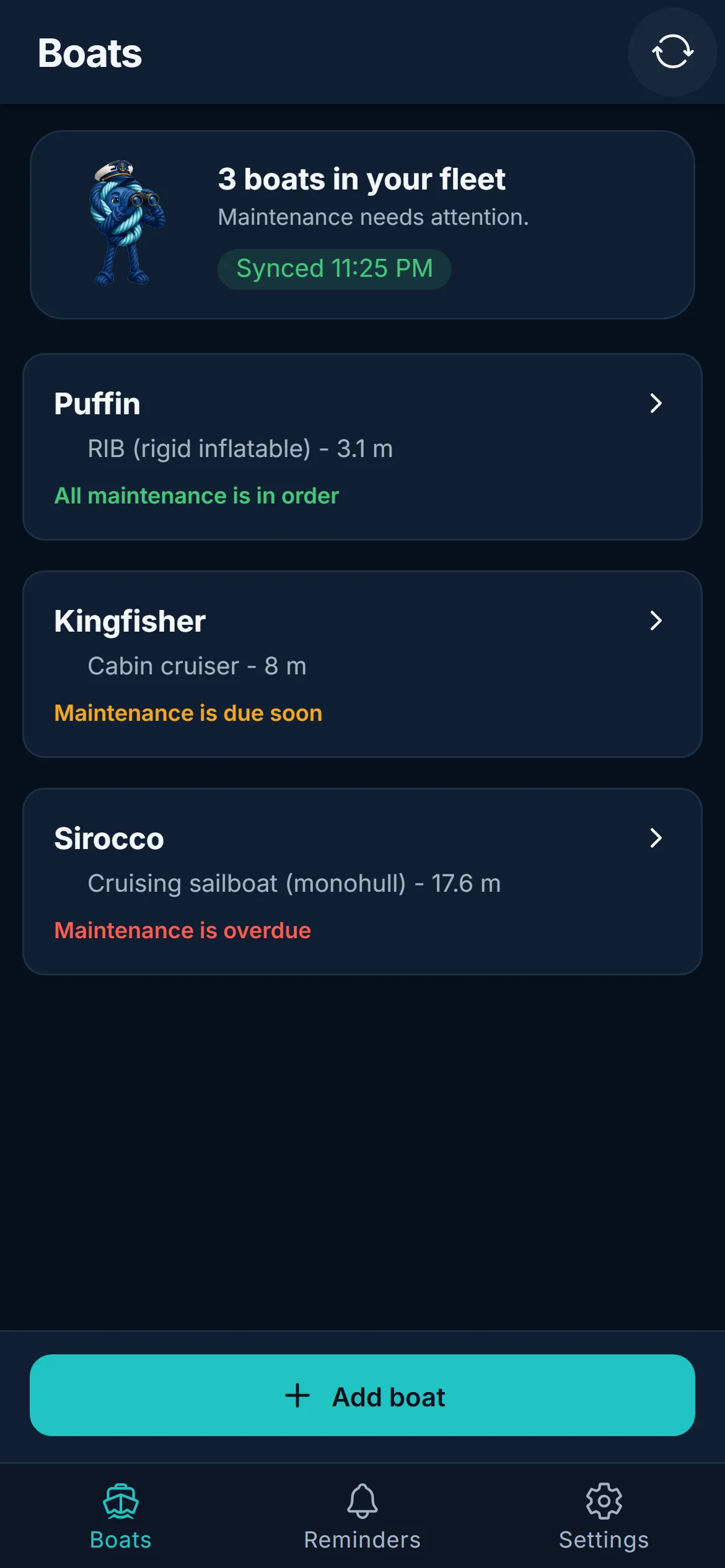 Boat list in night mode